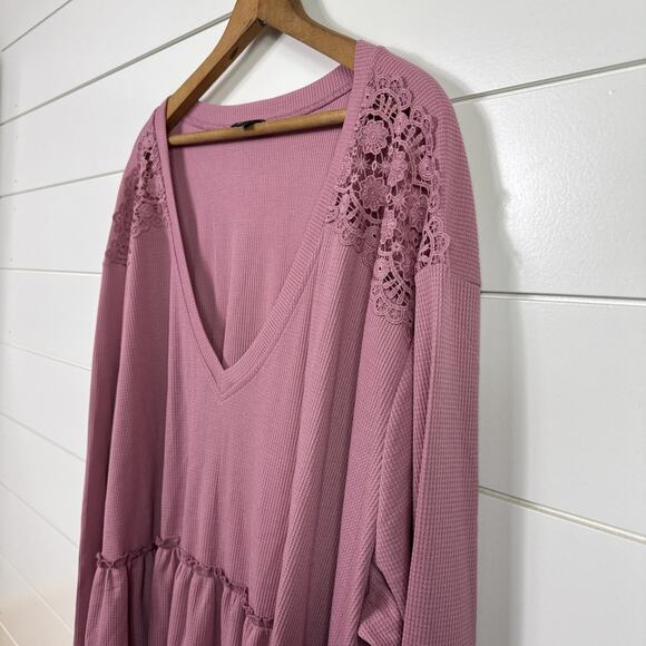Torrid Knit V-Neck Lace Long Sleeve Waffle Thermal Babydoll Shirt Purple sz 4 - Picture 6 of 8
